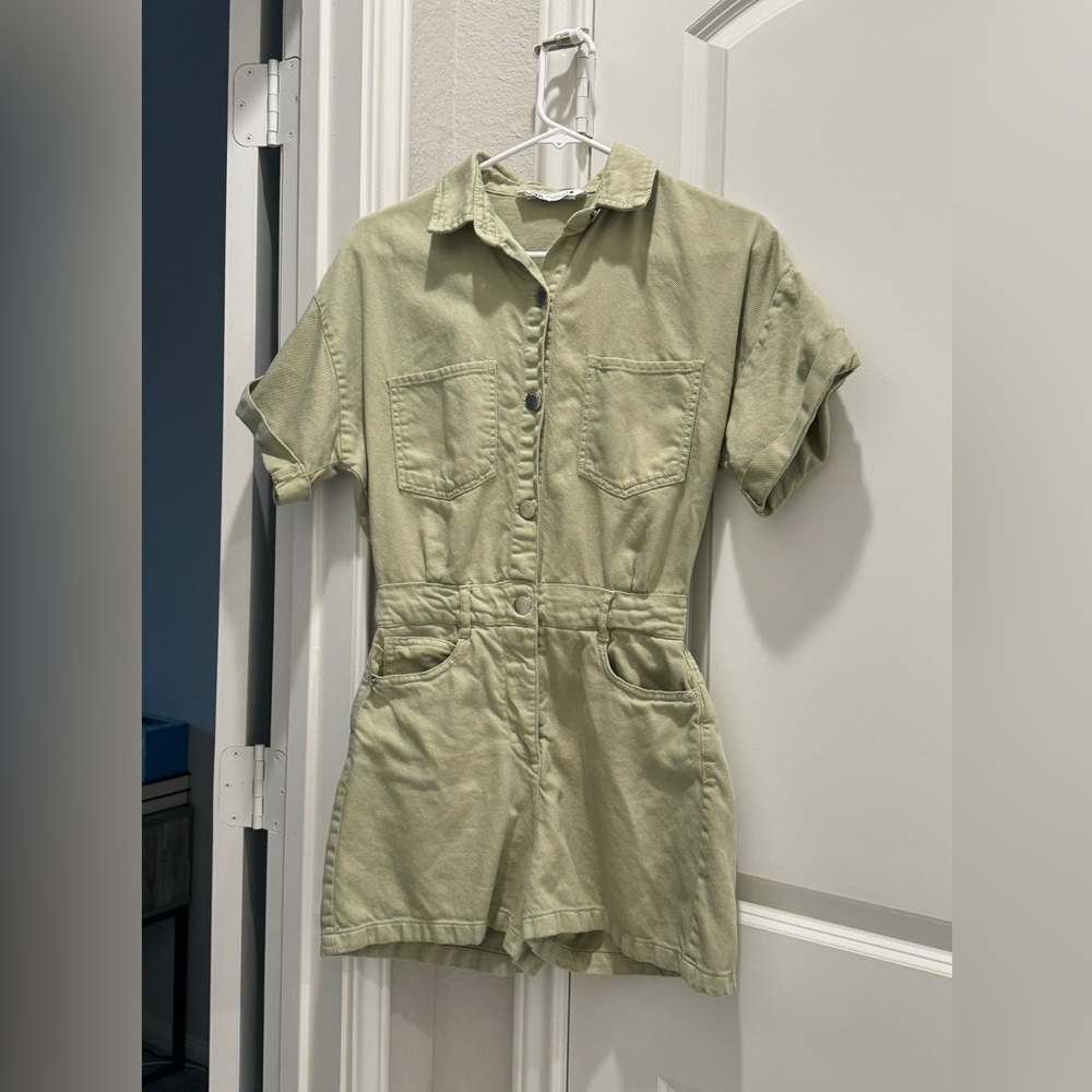 Zara Sage Green Denim Jumpsuit Shorts
